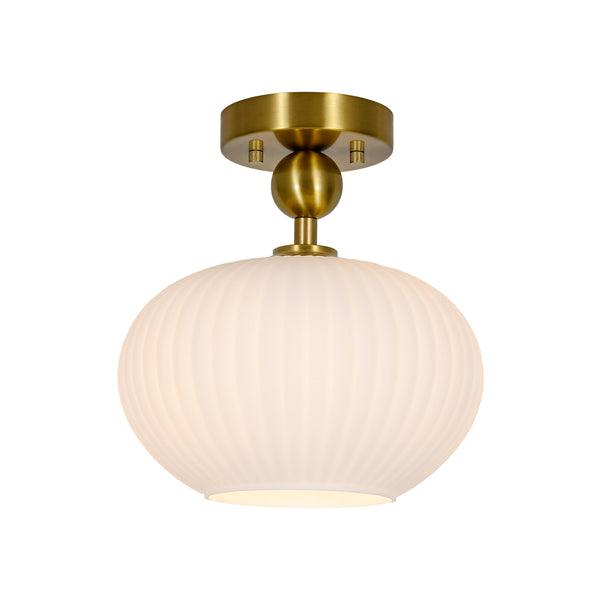 1-Light Oval Opal Ribbed Glass Semi-flush Mount