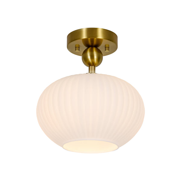 1-Light Oval Opal Ribbed Glass Semi-flush Mount