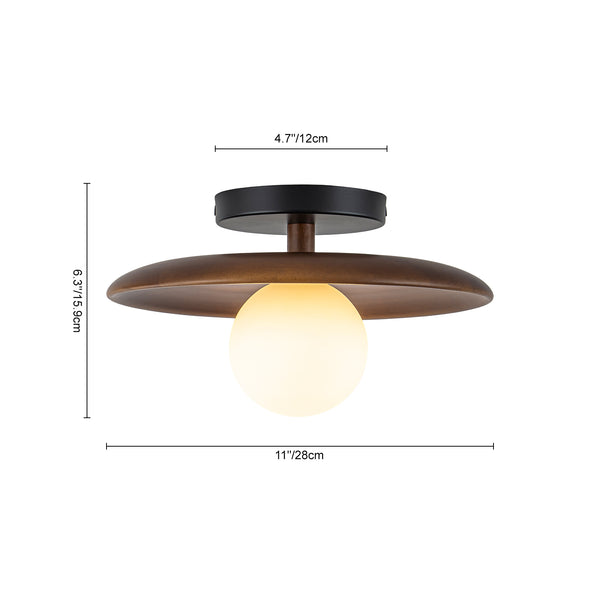 1-Light Walnut Wood Frosted Glass Mixed Semi-flush Mount