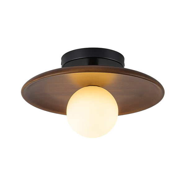 1-Light Walnut Wood Frosted Glass Mixed Semi-flush Mount