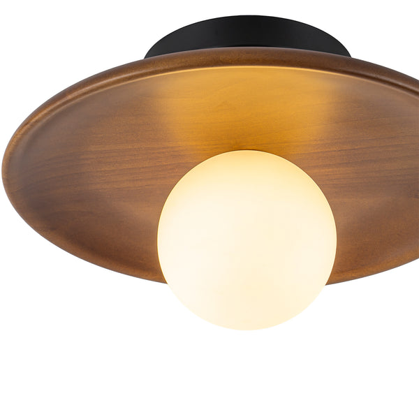 1-Light Walnut Wood Frosted Glass Mixed Semi-flush Mount