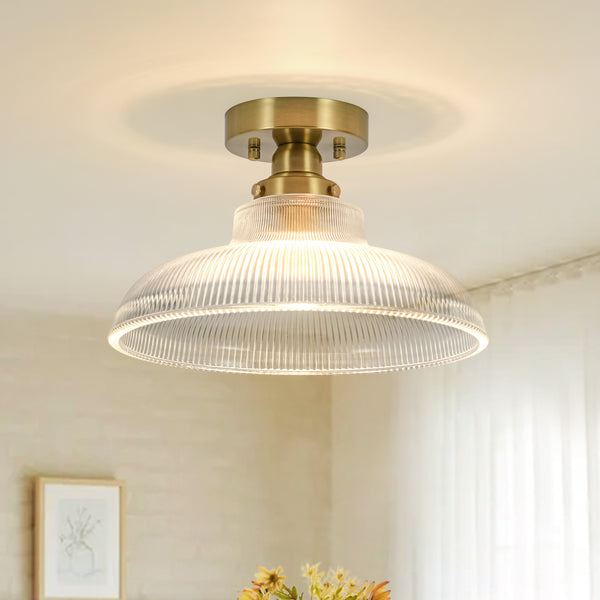 Modern Ribbed Glass Brass Single-Light Semi-flush Mount