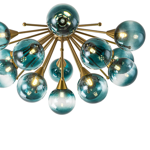 15-Light Teal Ombre Glass Bubble Sunburst Flush Mount