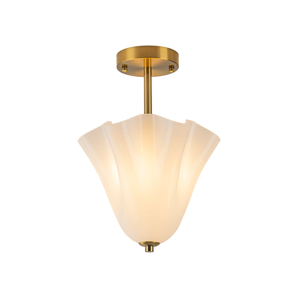 Floral Fluted Brass 2-Light Milk Glass Semi-Flush Mount