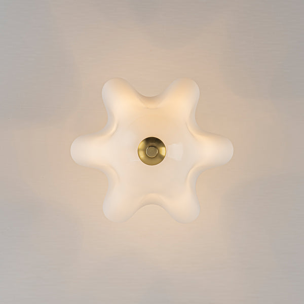 Floral Fluted Brass 2-Light Milk Glass Semi-Flush Mount