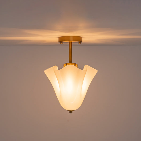 Floral Fluted Brass 2-Light Milk Glass Semi-Flush Mount