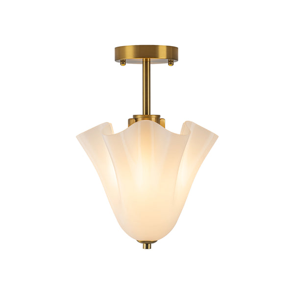 Floral Fluted Brass 2-Light Milk Glass Semi-Flush Mount