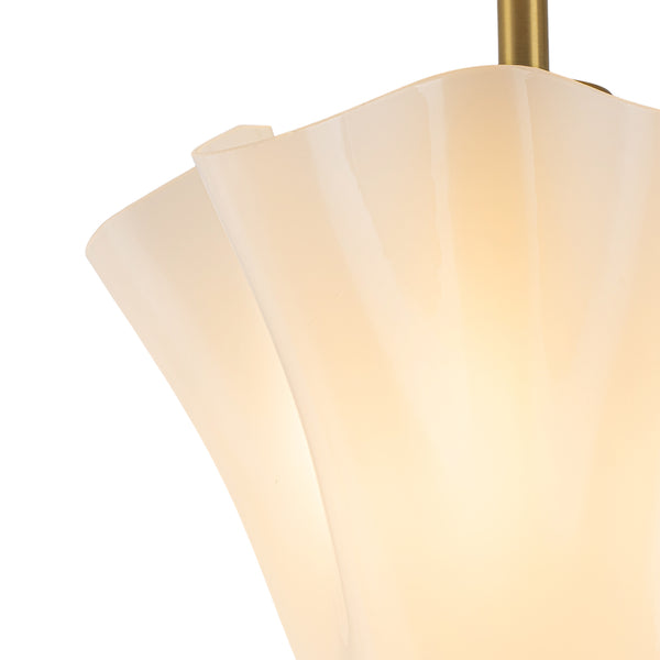 Floral Fluted Brass 2-Light Milk Glass Semi-Flush Mount