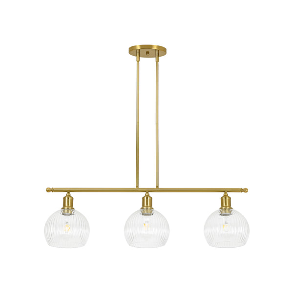3-Light Brass Ribbed Glass Globe Island Pendant