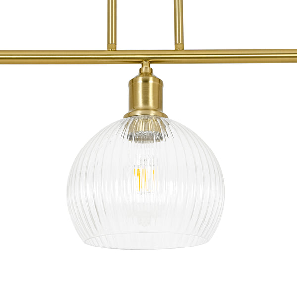 3-Light Brass Ribbed Glass Globe Island Pendant