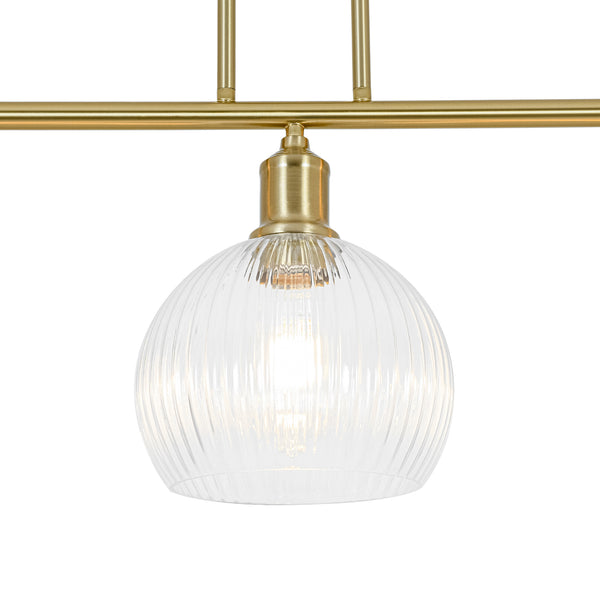3-Light Brass Ribbed Glass Globe Island Pendant
