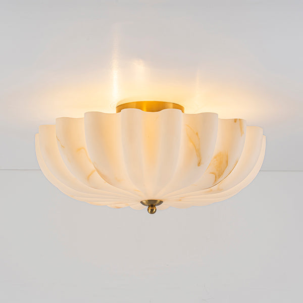 3-Light Marble Veined Glass Floral Scalloped Semi-flush Mount