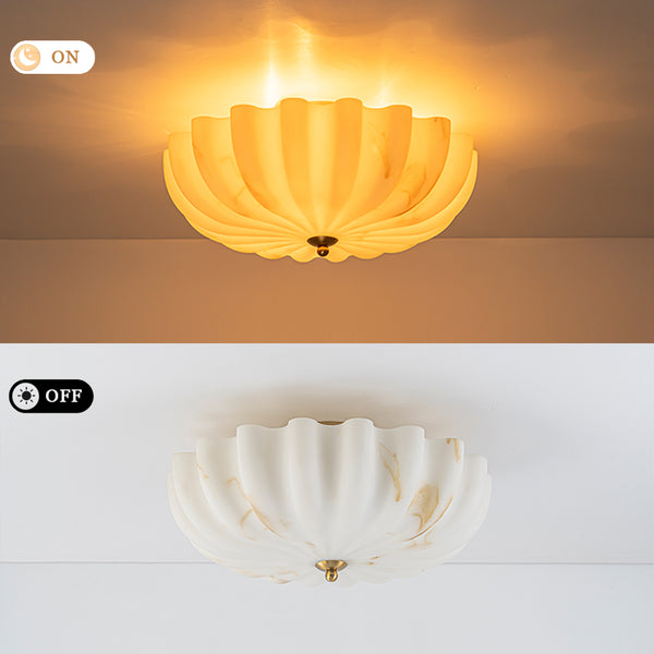 3-Light Marble Veined Glass Floral Scalloped Semi-flush Mount
