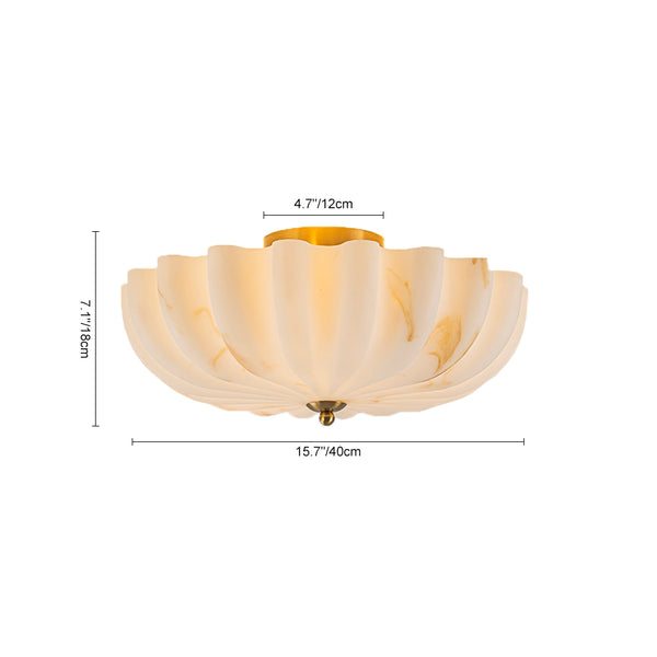 3-Light Marble Veined Glass Floral Scalloped Semi-flush Mount
