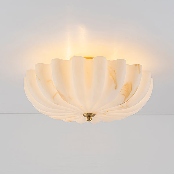3-Light Marble Veined Glass Floral Scalloped Semi-flush Mount