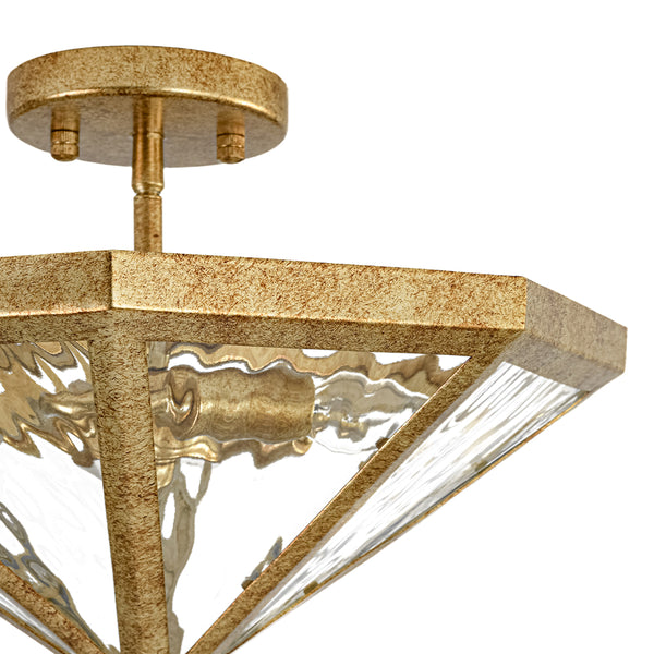 3-Light Rusty Gold Ripple Glass Pyramid Semi-flush Mount
