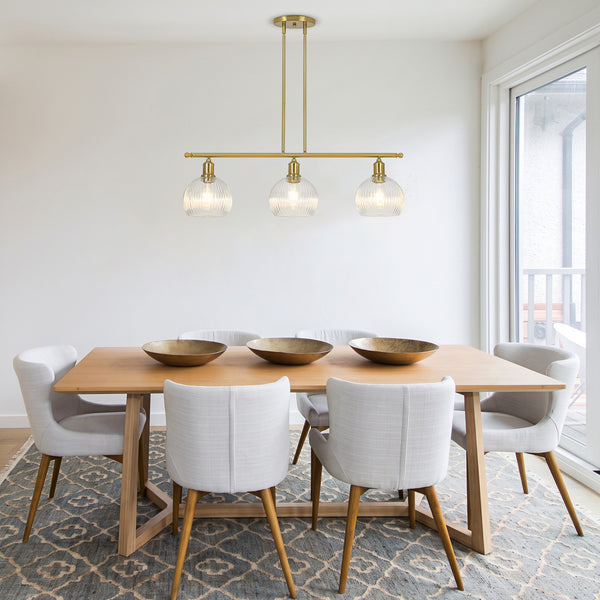 3-Light Brass Ribbed Glass Globe Island Pendant