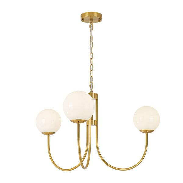 3-Light Polished Opal Glass Arched Metal Arm Radial Chandelier