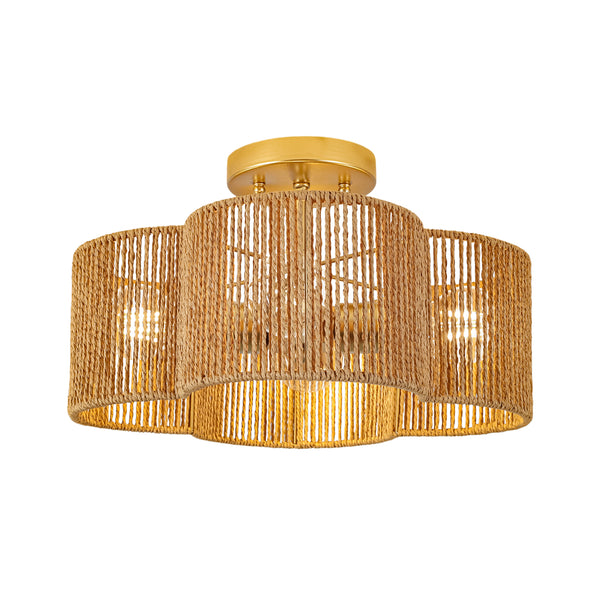 4-Lobed Raffia Yarn Woven Flower Scallop Drum Semi-flush Mount