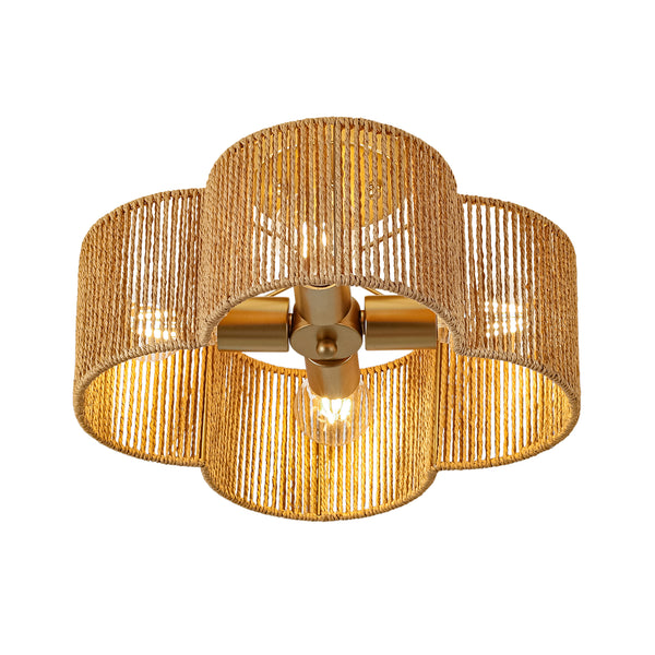 4-Lobed Raffia Yarn Woven Flower Scallop Drum Semi-flush Mount