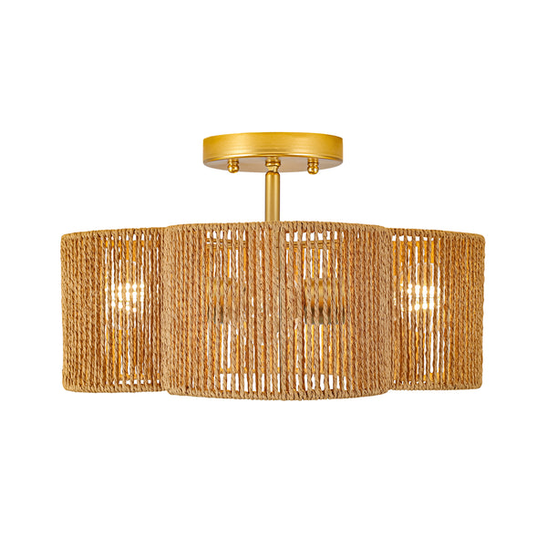4-Lobed Raffia Yarn Woven Flower Scallop Drum Semi-flush Mount