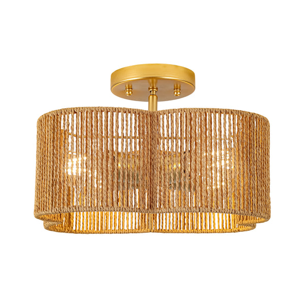 4-Lobed Raffia Yarn Woven Flower Scallop Drum Semi-flush Mount