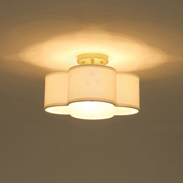 4-Lobed White Linen Flower Scallop Drum Semi-flush Mount