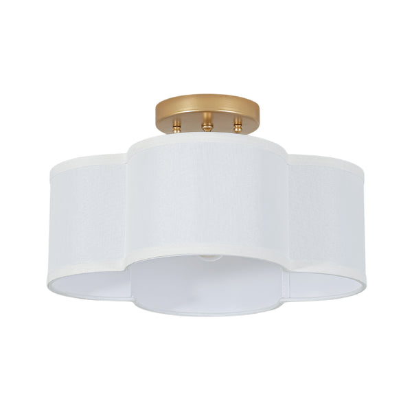 4-Lobed White Linen Flower Scallop Drum Semi-flush Mount