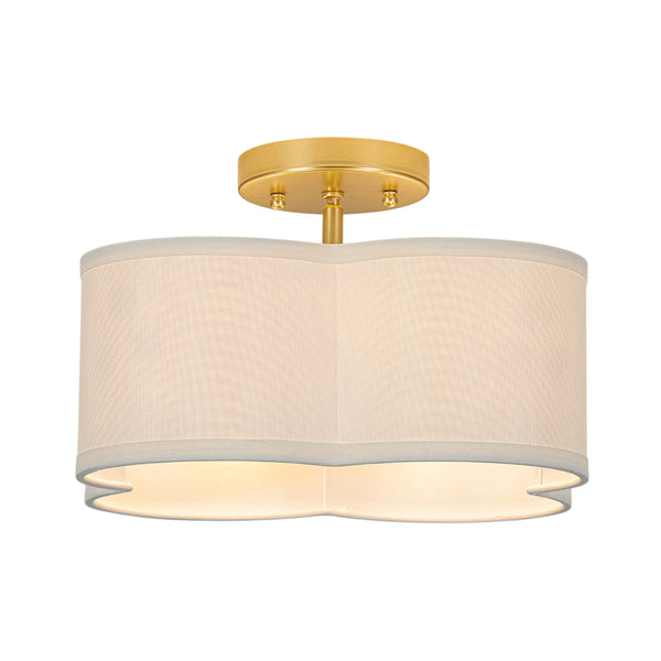 4-Lobed White Linen Flower Scallop Drum Semi-flush Mount