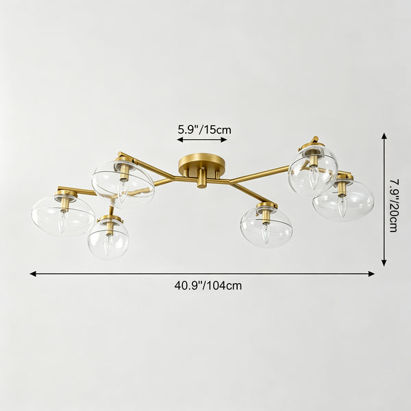 6-Light Brass Clear Ovoid Glass Branch Semi-flush Mount