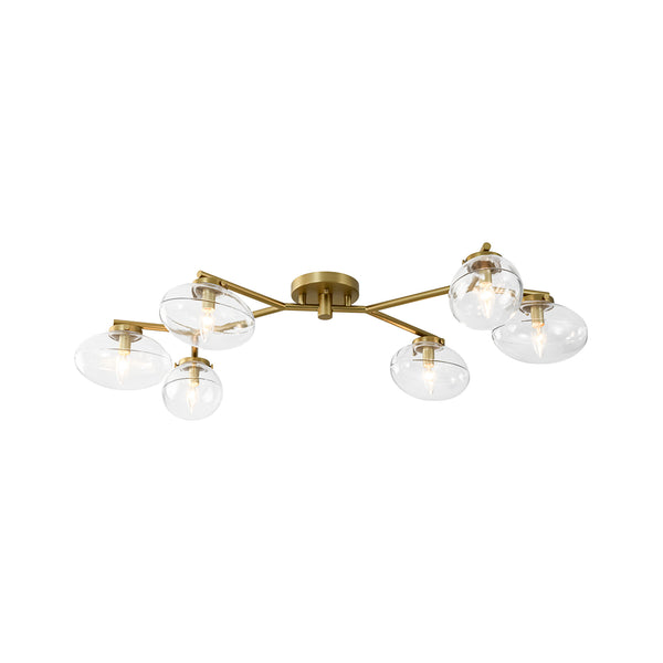 6-Light Brass Clear Ovoid Glass Branch Semi-flush Mount