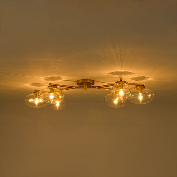 6-Light Brass Clear Ovoid Glass Branch Semi-flush Mount