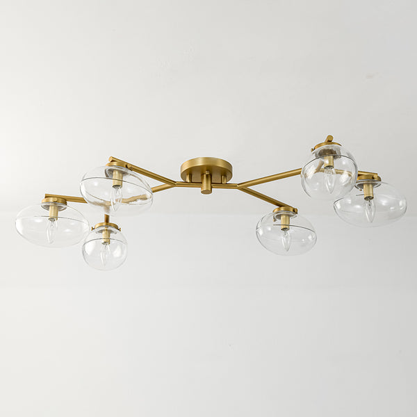 6-Light Brass Clear Ovoid Glass Branch Semi-flush Mount