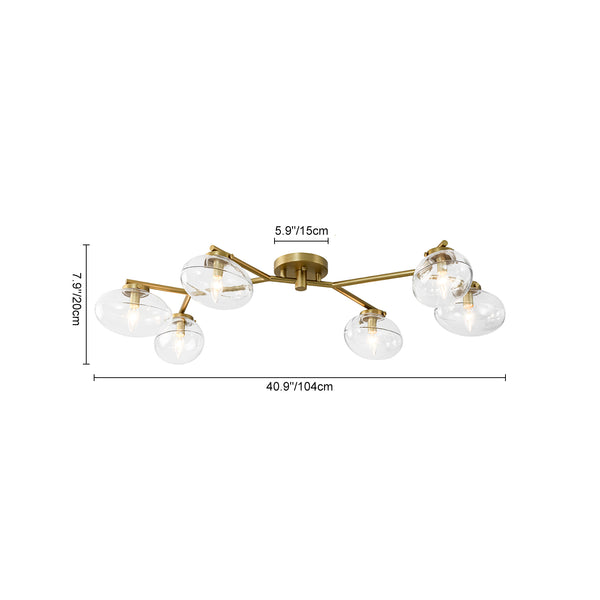 6-Light Brass Clear Ovoid Glass Branch Semi-flush Mount