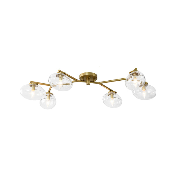 6-Light Brass Clear Ovoid Glass Branch Semi-flush Mount