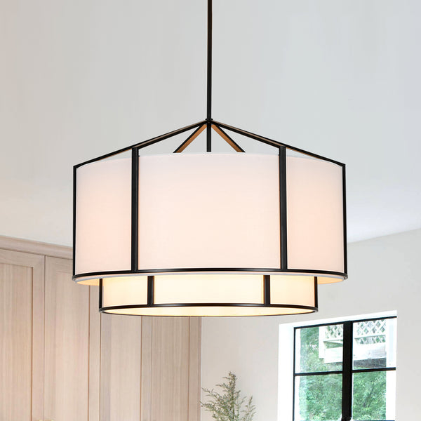 6-Light Eclectic Modern Dual-layer Linen Drum Pendant Chandelier