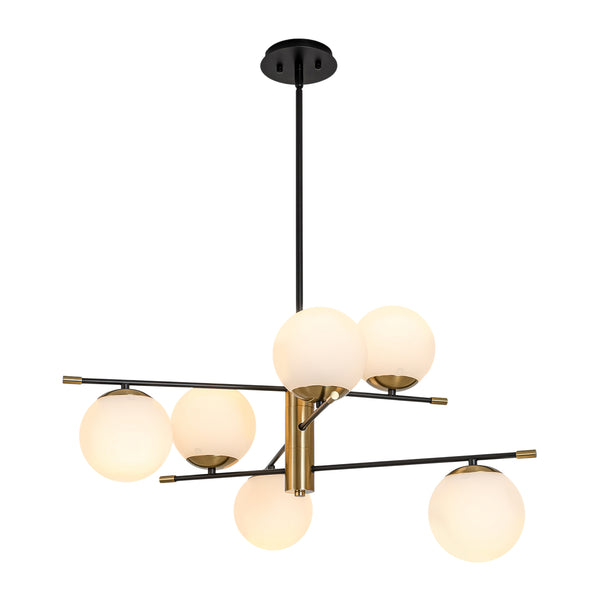 6-Light Black Brass Staggered Frosted Glass Sputnik Tiered Chandelier