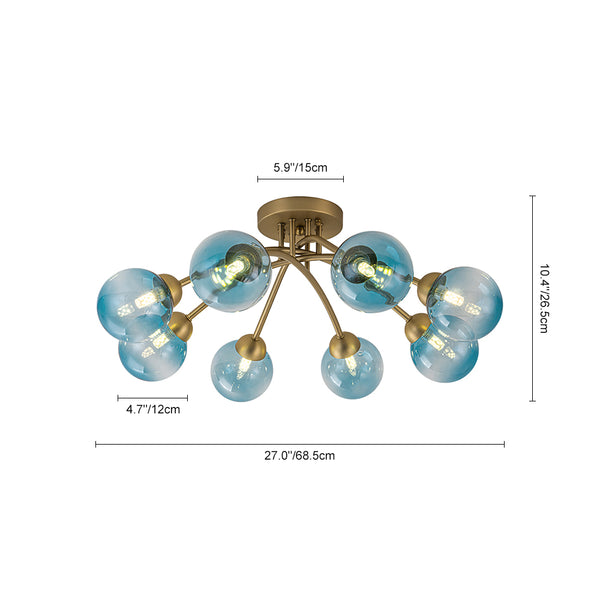 8-Light Lake Blue Tinted Glass Bubble Semi-flush Mount