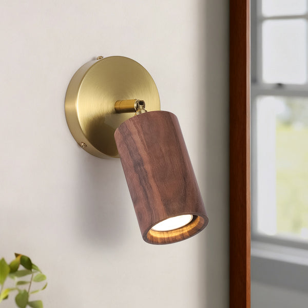 Adjustable 1-Light Spotlight Cylindrical Wood Wall Sconce