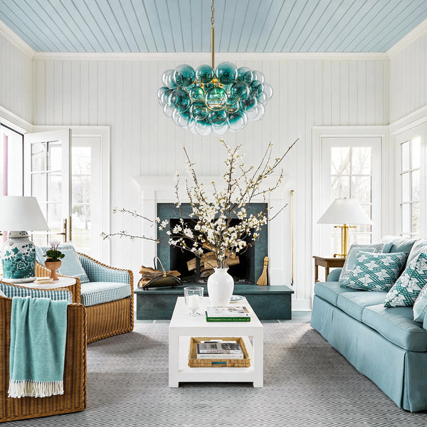 Art Decor 3-Light Gradient Lake Blue Globe Glass Bubbles Chandelier