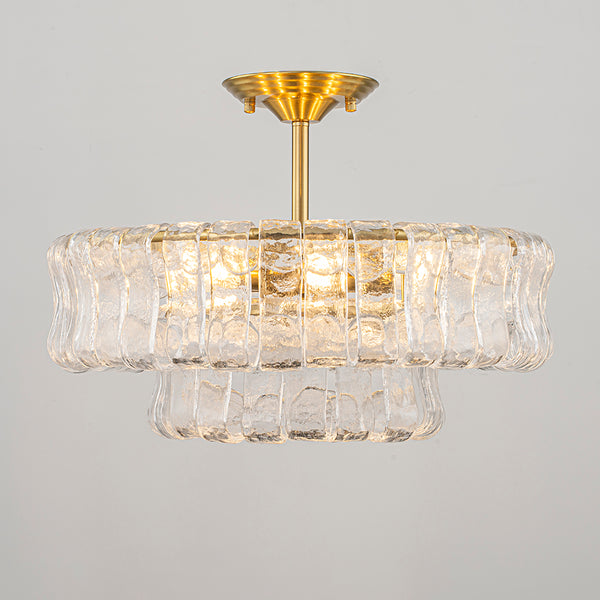 Brass 6-Light Rippled Glass Tiered Semi-Flush Mount