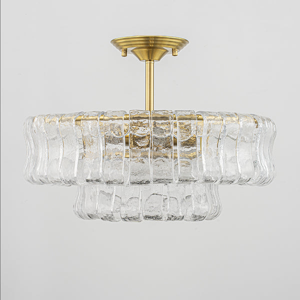 Brass 6-Light Rippled Glass Tiered Semi-Flush Mount