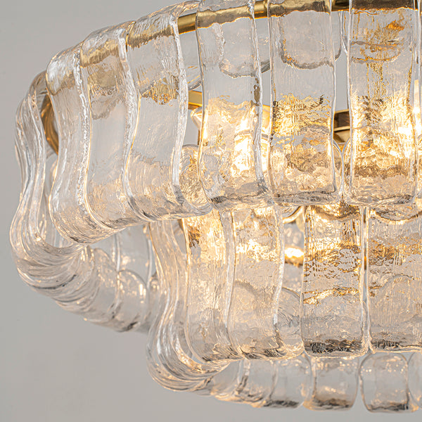 Brass 6-Light Rippled Glass Tiered Semi-Flush Mount