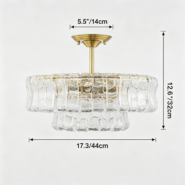 Brass 6-Light Rippled Glass Tiered Semi-Flush Mount
