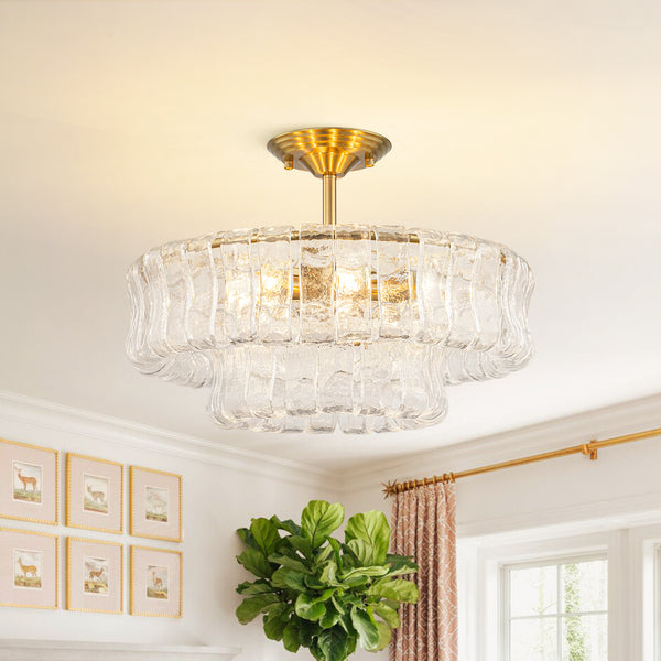 Brass 6-Light Rippled Glass Tiered Semi-Flush Mount