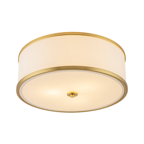 Fabric Round Drum 3-Light Brass Semi-flush Mount Glass Diffuser