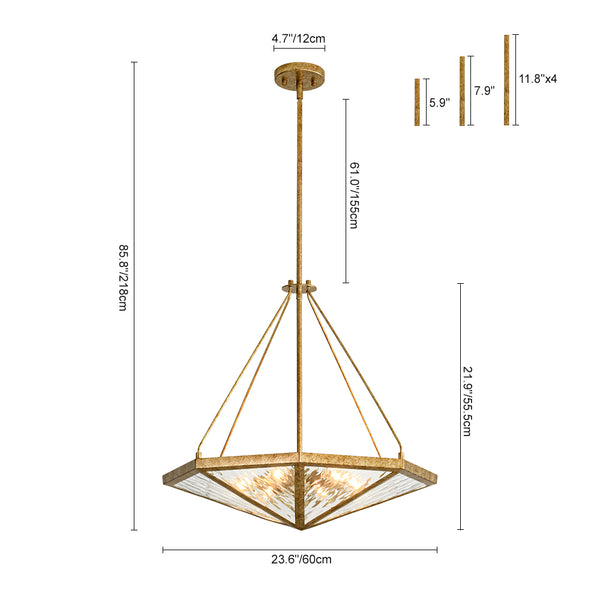 French Rusty Gold Ripple Glass Pyramid Chandelier