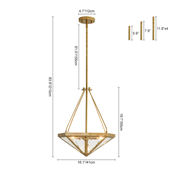 French Rusty Gold Ripple Glass Pyramid Chandelier