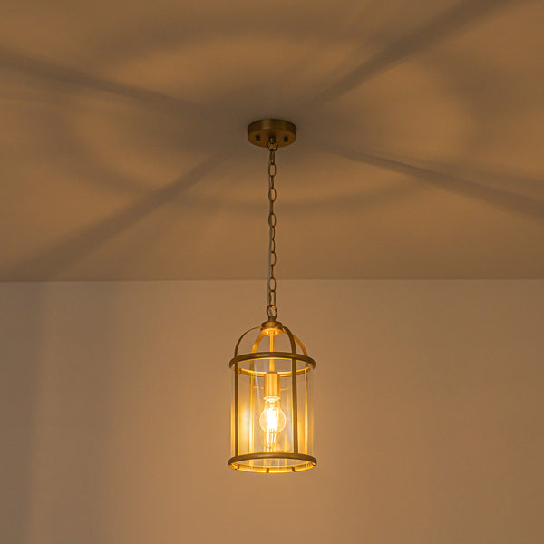Brass Mini Lantern Clear Glass Cylinder Single Pendant