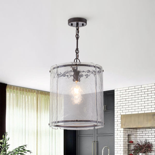 Modern 1-Light Water Rippled Glass Cylinder Single Pendant